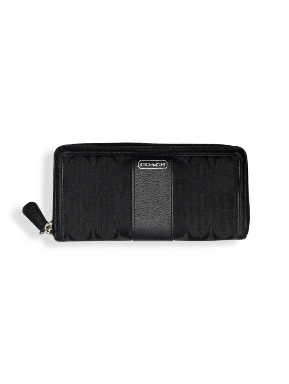 Coach Signature Wallet Black Jacquard C Logo Canvas Leather Zip Around Organizer